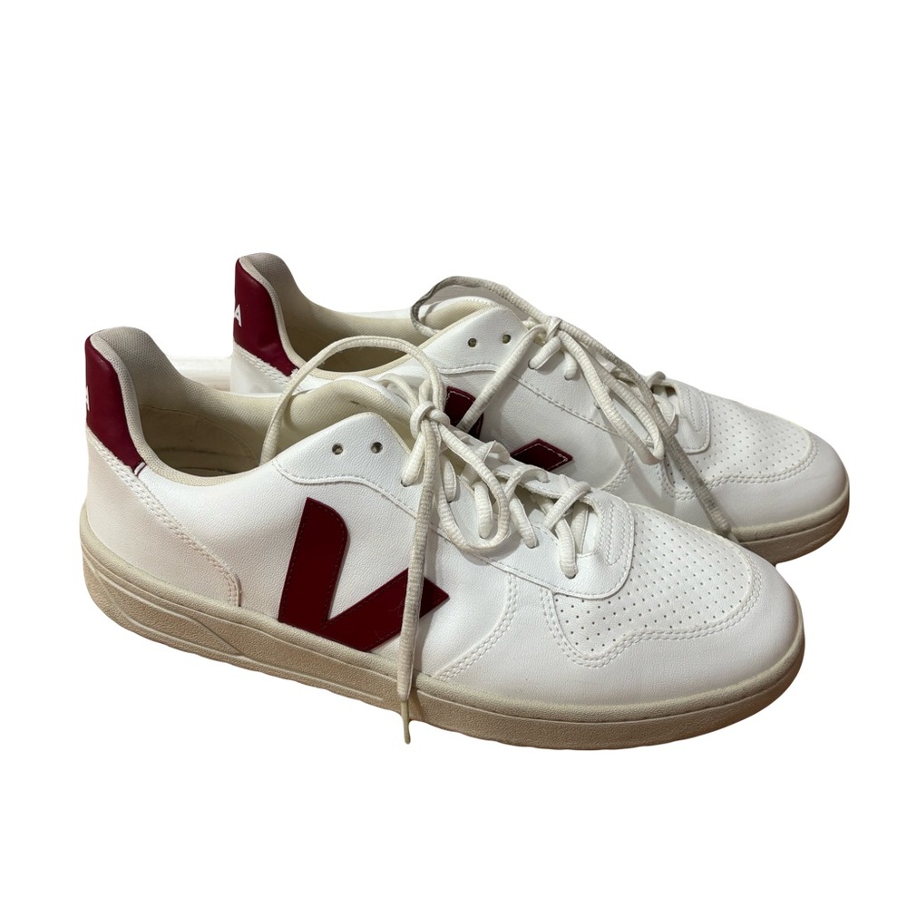 Veja V-10 Leather Sneakers White/Red, Men's Size 12‎
